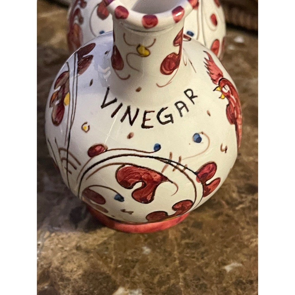 Grazia Deruta Italy Hand Painted Ceramic Oil and Vinegar Cruet Rooster Motif - Picture 3 of 6